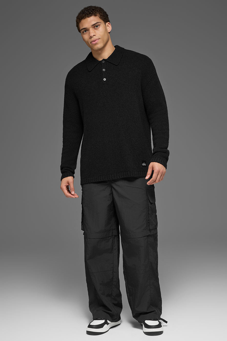 Textured Knit Long Sleeve Polo - Black