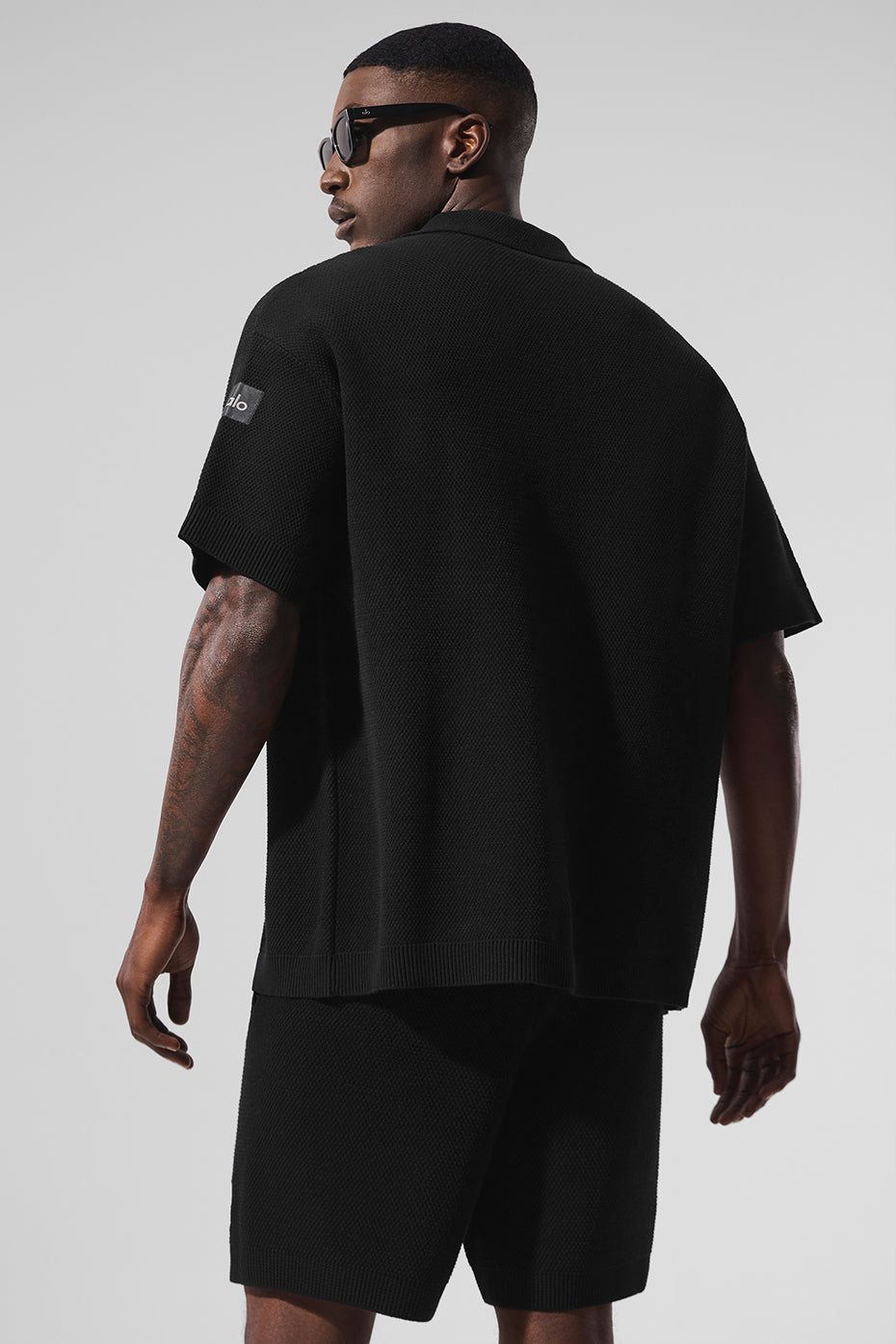 Sports Club Sweater Knit Short Sleeve Button Up - Black