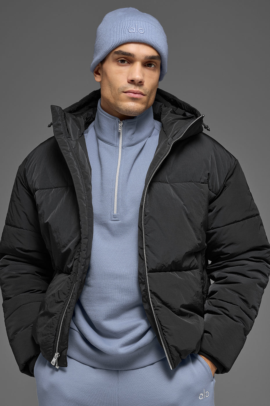 Crinkle Nylon Hooded Stage Puffer - Black
