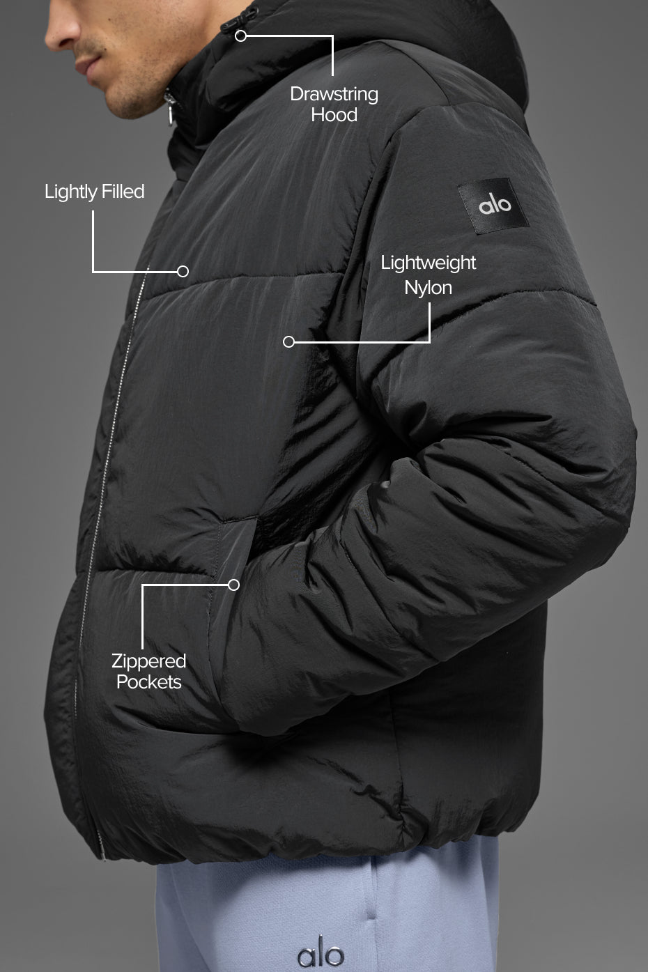 Crinkle Nylon Hooded Stage Puffer - Black